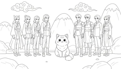 Zwart-wit lijntekening voor een kleurplaat, met negen menselijke figuren in traditionele Aziatische kleding (Hanbok-stijl), een grote schattige kat op de voorgrond, en een achtergrond van bergen en gestileerde krulwolken.
