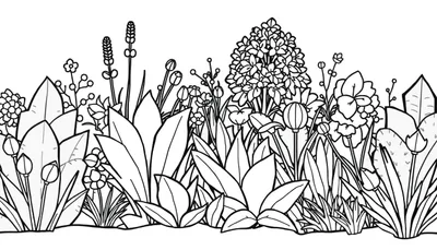 Zwart-wit lijntekening van een volle bloemenborder met hyacint-achtige bloemen, tulpenknoppen, diverse bladeren en bessen.