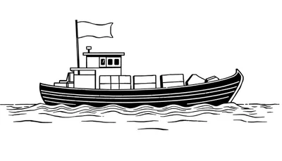 Zwart-witte lijntekening van een stoere boot met vracht, golven en een vlag.