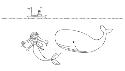 Eenvoudige lijntekening van een boot met vlaggen boven water, en een zeemeermin met een vissenstaart zwemmend naast een grote walvis onder water.