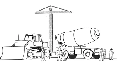 Lijntekening van een bouwplaats met een bulldozer, torenkraan, betonmixer en bouwvakkers.