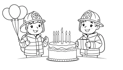 Zwart-witte lijntekening van twee kinderen in brandweerpakken, een taart met kaarsjes, ballonnen en een cadeau, klaar om ingekleurd te worden.