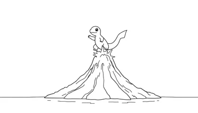 Kleurplaat van een cartoonachtige Charmander die op een vulkaan staat en met zijn arm zwaait.