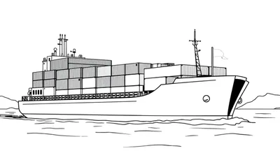 Een zwart-wit lijntekening van een groot containerschip met gestapelde containers, golvend water en een vlag aan de mast, klaar om ingekleurd te worden.