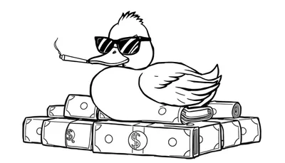 Zwart-wit cartoon kleurplaat van een eend met zonnebril en een sigaret, zittend op een grote stapel geld met dollartekens.