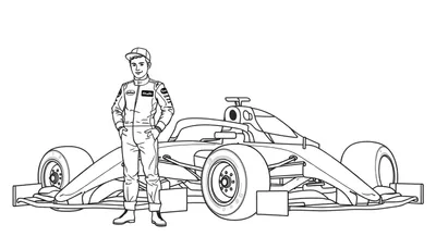 Kleurplaat van een jonge man in racepak met pet, handen in de zakken en een glimlach, staand naast een Formule 1 racewagen, lijntekening op witte achtergrond.