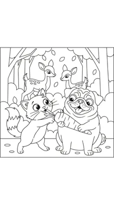 Een zwart-wit tekening van een schattige kat die een wortel aanbiedt aan een lachende mopshond in een bos, met twee reekalfjes op de achtergrond.