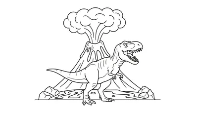 Zwart-wit kleurplaat van een grote T-Rex dinosaurus met open bek die brult voor een rokende vulkaan met lavastromen.