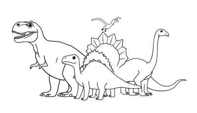 Zwart-witte lijntekening van diverse dinosaurussen in cartooneske stijl, klaar om ingekleurd te worden.