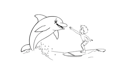 Zwart-wit lijntekening van een dolfijn die uit het water springt naar een jongen op een surfplank.