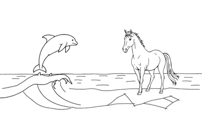Zwart-wit kleurplaat van een dolfijn die uit de zee springt naast een paard dat aan de waterkant staat.