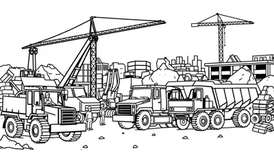Gedetailleerde zwart-wit lijntekening van een drukke bouwplaats met kranen, bouwtrucks, kiepwagens, bouwvakkers en bouwmaterialen, klaar om ingekleurd te worden.