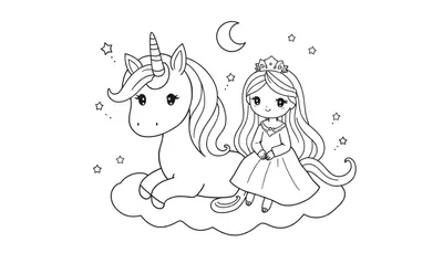 Kleurplaat met een lieve eenhoorn die op een wolk ligt naast een klein prinsesje met een kroon, onder een halve maan en sterren.