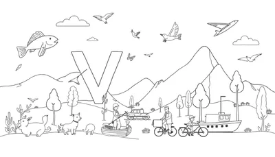 Kleurplaat van een grote letter V in een landschap met bergen, bomen, vogels, een vlinder, een vliegtuig, een vis, hondjes, een zwijn, een roeiboot, een auto, fietsers en een boot.
