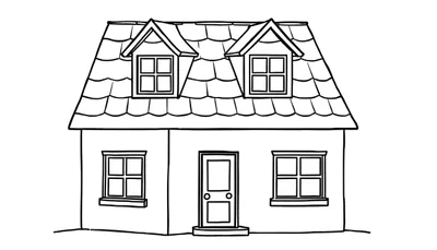 Zwart-wit lijntekening van een huis met puntdak, dakkapellen, voordeur en ramen, klaar om ingekleurd te worden.