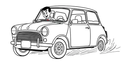 Zwart-wit lijntekening van een man met een brede lach achter het stuur van een kleine, klassieke auto. De auto lijkt op een Mini Cooper met ronde koplampen en een grille. Strepen rond de wielen suggereren beweging.