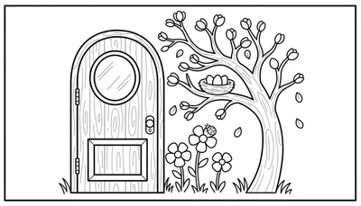 Zwart-witte lijntekening van een lente landschap met een houten deur, een boom met vogelnestje en een lieveheersbeestje op een bloem.