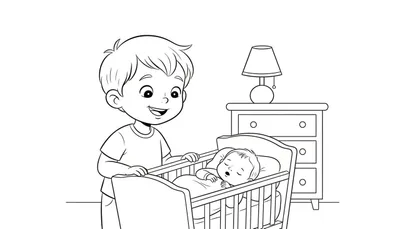 Kleurplaat van een jongen die met een tedere glimlach naar een slapende baby in een wiegje kijkt.