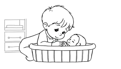 Kleurplaat van een ouder kind dat nieuwsgierig naar een slapende baby in een mand kijkt, met een kast op de achtergrond.