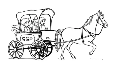 Zwart-witte kleurplaat van een paard die een wagen trekt met drie lachende kinderen erin. Eén kind heeft een ijsje, een ander geeft een duim omhoog. De wagen heeft 'SGP' op de zijkant.