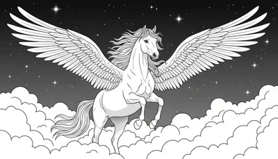 Zwart-wit lijntekening van een gevleugeld paard (Pegasus) dat steigert tussen pluizige wolken tegen een nachtelijke hemel met talloze sterren.