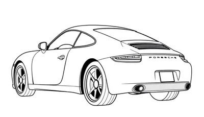 Lijntekening van een Porsche sportwagen van achteren schuin, klaar om ingekleurd te worden.