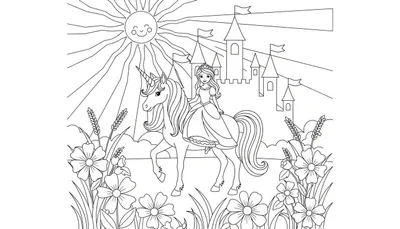 Zwart-wit lijntekening van een prinses met kroon en jurk, rijdend op een eenhoorn met spiraalvormige hoorn. Op de achtergrond een kasteel met torens en vlaggen. Boven een lachende zon, onder een bloemenweide.