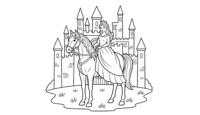 Kleurplaat van een glimlachende prinses met kroon en lange jurk op een paard, voor een groot kasteel.