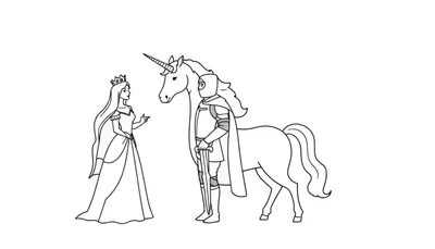 Kleurplaat van een prinses met kroon en jurk, een ridder in harnas met zwaard, en een eenhoorn met hoorn, staand in een magische setting.