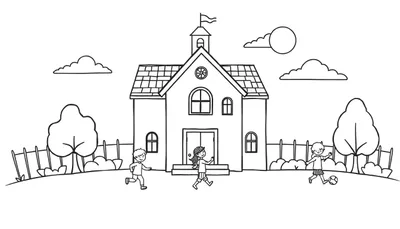 Een zwart-wit tekening van een schoolgebouw met drie spelende kinderen op een grasveld.