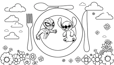 Kleurplaat van Spider-Man en Stitch samen aan een gedekte tafel met bestek, bord, wolken en bloemen.