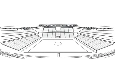 Kleurplaat van een leeg voetbalstadion, bovenaanzicht, met lijnen die tribunes, veld, scorebord en reclamebord tonen.