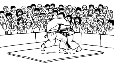 Kleurplaat van twee judoka's die een worp uitvoeren op een judomat, met juichende toeschouwers op de achtergrond.