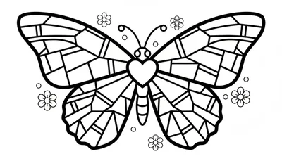 Zwart-wit kleurplaat van een vlinder met ingewikkelde patronen op de vleugels, een hartvormig lichaam en kleine bloemen.