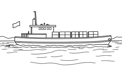 Kleurplaat van een vrachtschip met containers op zee, getekend met dikke zwarte lijnen op een witte achtergrond.