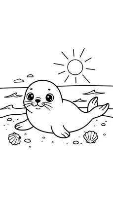 Kleurplaat van een schattig zeehondje op het zand, met de zee, golven en zon op de achtergrond. Twee schelpen liggen naast het zeehondje.