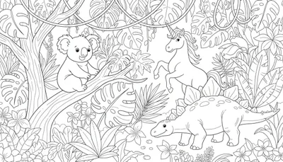 Een zwart-wit lijntekening van een jungle met een koala, een eenhoorn en een dinosaurus, bedoeld als kleurplaat.