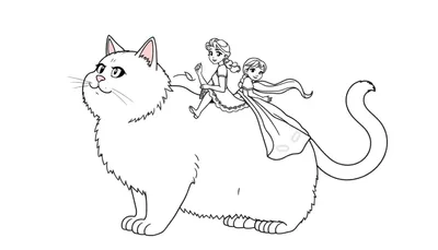 Een lijntekening van een grote, pluizige kat met de Disney prinsessen Elsa en Anna op zijn rug, klaar om ingekleurd te worden.