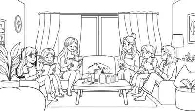 Zwart-wit tekening van zes vrouwen die ontspannen in een gezellige woonkamer, lezend, pratend en bezig met huidverzorging. Er is een salontafel met flesjes, een hoofdmassageapparaat en een vaasje, planten aan de zijkanten en kunst aan de muur.