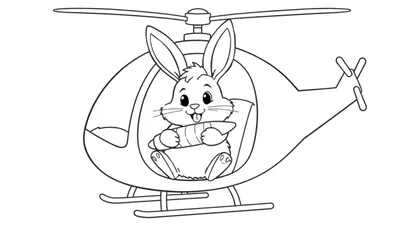 Zwart-wit kleurplaat van een lachend konijn in een helikopter met een wortel.