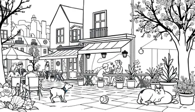 Zwart-wit tekening van een druk stadsplein met mensen aan tafels, een hond, een kat, bloeiende bomen en plantenbakken. Op de achtergrond zijn gebouwen te zien.