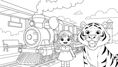 Zwart-wit tekening van een meisje met twee staartjes en een glimlachende tijger die samen bij een treinstation staan. Een stoomtrein staat klaar met rook uit de schoorsteen.