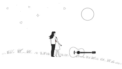 Minimalistische zwart-witte kleurplaat van twee vrouwen met hun rug naar de kijker, staand op een glooiend grasveld. De ene vrouw heeft lang donker haar en draagt een wit shirt en donkere broek, de ander, iets kleiner, draagt een lichte jurk en houdt haar hand vast. Rechts ligt een akoestische gitaa