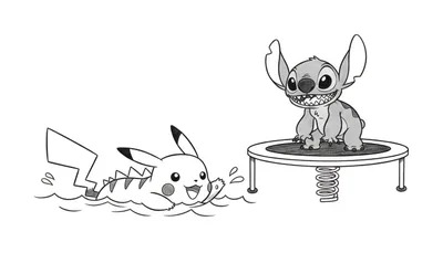 Kleurplaat van Pikachu zwemmend in water en Stitch staand op een veer, beiden met een vrolijke uitdrukking.