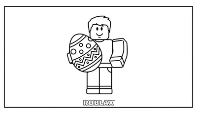 Zwart-wit kleurplaat van een Roblox noob met een lachend gezicht die een groot, versierd paasei vasthoudt, met het 'ROBLAX™' logo onderaan.