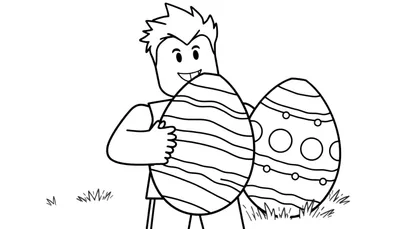 Een zwart-wit tekening van een Roblox-personage dat een paasei vasthoudt, met een ander paasei ernaast en gras op de voorgrond.