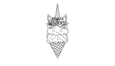 Lijntekening van een schattig ijshoorntje met eenhoornkenmerken zoals een hoorn, oren en bloemenkrans.