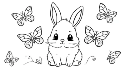 Zwart-wit tekening van een schattig konijntje dat rechtop zit, met zes vlinders en decoratieve takjes.
