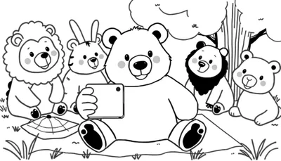 Zwart-wit kleurplaat van een groep schattige dieren die een selfie maken buiten. Een grote beer met een smartphone in het midden, naast een leeuw, een konijnachtig dier en twee andere beren. De dieren zitten op een picknickkleed met gras en bomen op de achtergrond.