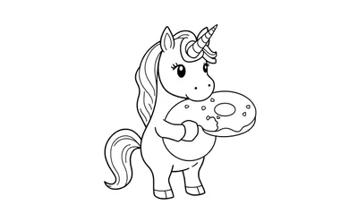 Zwart-wit tekening van een cartoon eenhoorn die een grote donut vasthoudt.